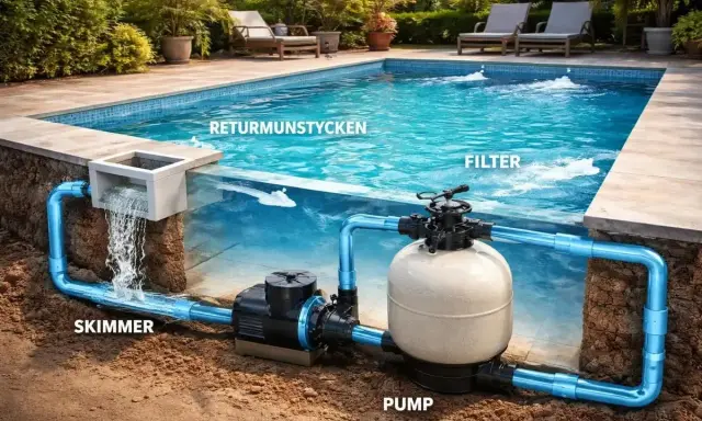 Schema för poolens cirkulationssystem: skimmer, pump, filter och returmunstycken. För rent vatten ska cirkulationspumpen gå hela tiden.