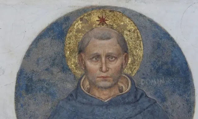 Portret św. Dominika z atrybutami: złota aureola z gwiazdą, niebieski habit.