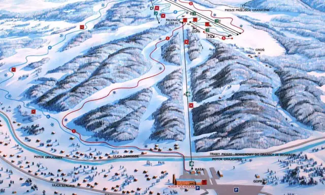 Mapa ośrodka narciarskiego z trasami, wyciągami i budynkami. Widoczna kolejka na Palenicę, szlaki piesze i granica państwa.
