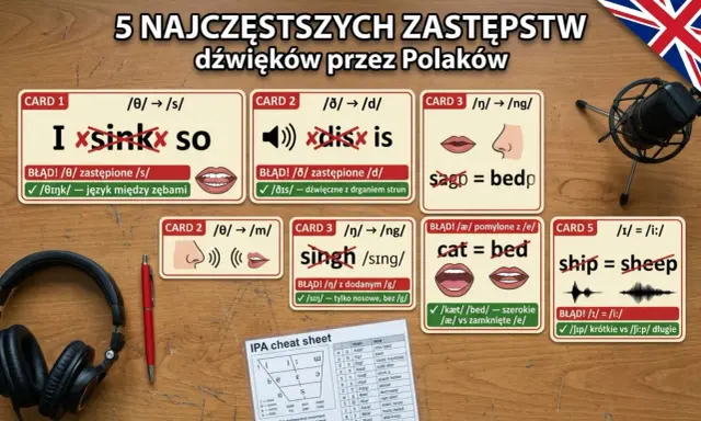 Karty z błędami wymowy po angielsku: jak się wymawia po angielsku "sink" zamiast "think", "dis" zamiast "this", "sing" zamiast "singh", "cat" zamiast "bed", "ship" zamiast "sheep".