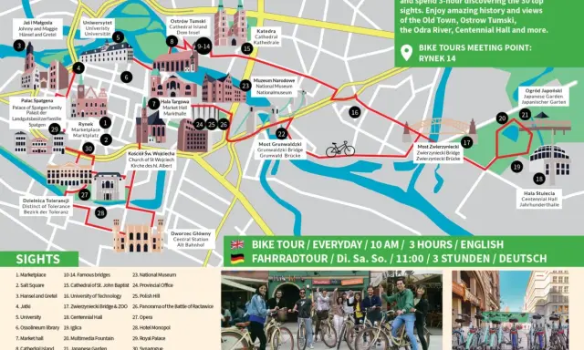 Mapa Wrocławia z zaznaczoną trasą rowerową. Zobacz Rynek, Ostrów Tumski i inne atrakcje.