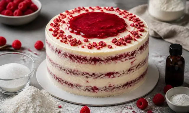 Un délicieux bavarois framboise, orné de fruits rouges et de poudre, prêt à être dégusté.