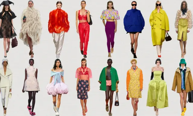A collage of models showcasing bold 2026 fashion trends: voluminous silhouettes, vibrant colors, and unique textures.