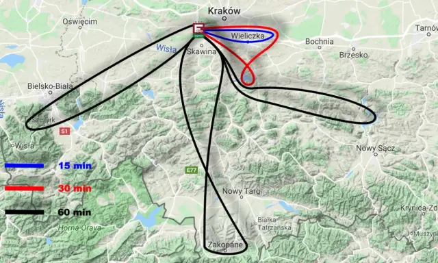 Trasy lotów z Krakowa do Wieliczki (15 i 30 min) oraz dłuższe, 60-minutowe loty w kierunku południowym, obejmujące m.in. Zakopane.