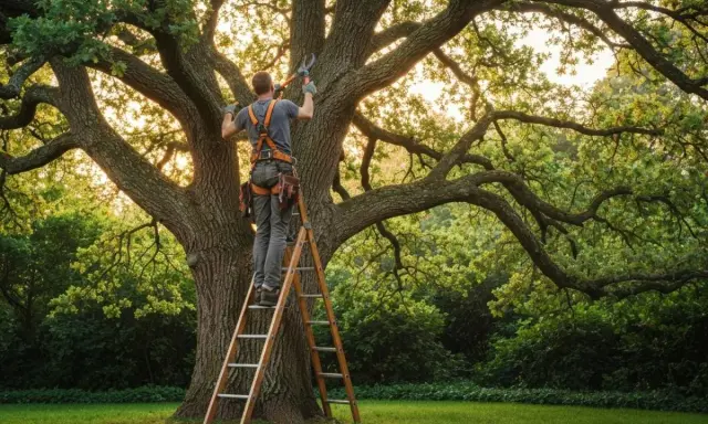 Un élagueur sur une échelle taille un grand arbre. Il montre comment élaguer un arbre pour une meilleure santé et forme.