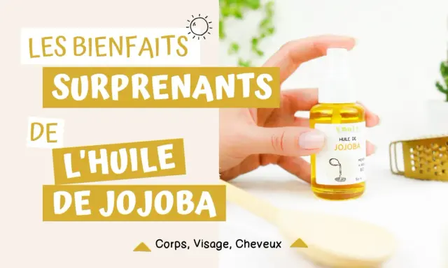 Découvrez les bienfaits surprenants de l'huile de jojoba pour le visage, le corps et les cheveux. Une main tient un flacon d'huile de jojoba.