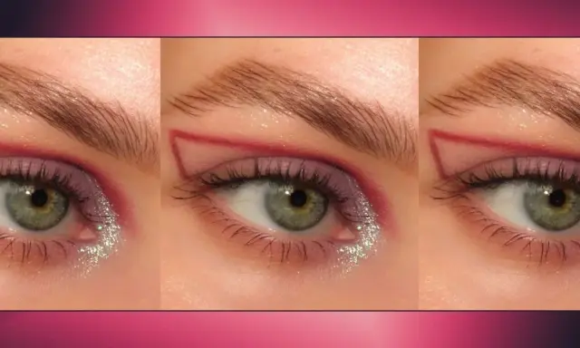 Ojos monolid con delineado gráfico rojo, sombra morada y glitter plateado.