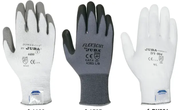 Tres tipos de guantes de protección: blanco con dedos grises, gris con dedos negros y blanco liso. Cada uno con su referencia y certificaciones.