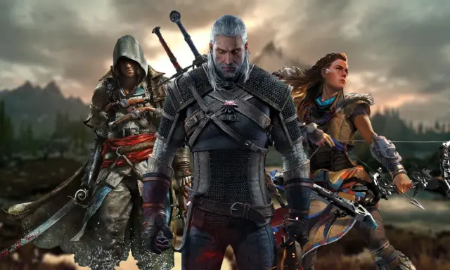 Trzech bohaterów gier: asasyn, wiedźmin i łuczniczka, idealni dla fanów gier podobnych do Assassin's Creed.
