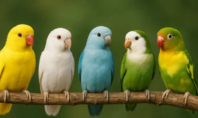 Cinque inseparabili colorati, giallo, bianco, azzurro, verde e giallo-verde, siedono su un ramo.
