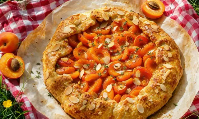 Délicieuse tarte aux fruits d'abricots, garnie d'amandes effilées et de thym frais, prête à être dégustée en plein air.