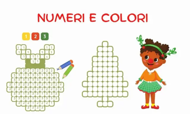 Esercizi matematica natale: un'illustrazione con numeri e colori per creare immagini natalizie, tra cui un albero e un pupazzo.