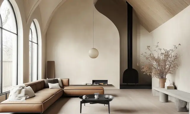 Un vaste salon cathédrale aux voûtes élancées, avec un canapé en cuir cognac, une cheminée moderne et une lumière douce.