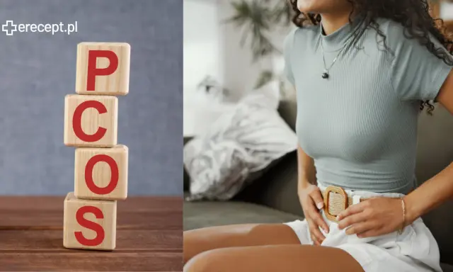 Klocki z literami PCOS i kobieta odczuwająca ból brzucha. Informacje o pcos leczenie.