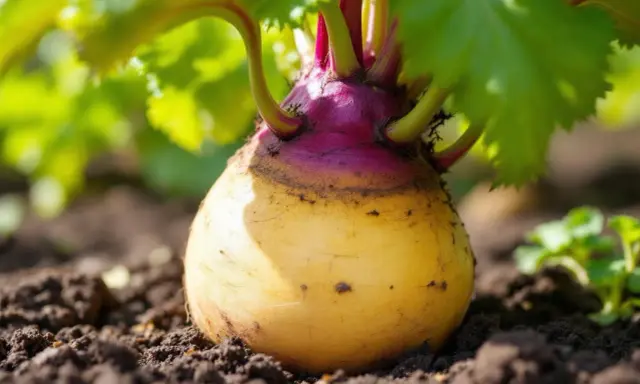 Gros plan sur un rutabaga jaune et violet poussant dans la terre. La culture du rutabaga est une tradition ancestrale.