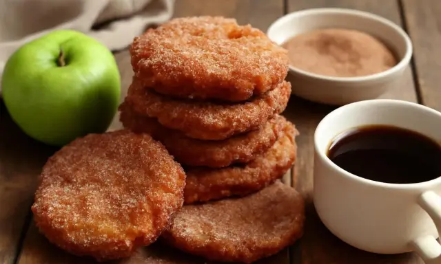 Deliciosas tortitas de manzana espolvoreadas con azúcar y canela, junto a una taza de café y una manzana verde.
