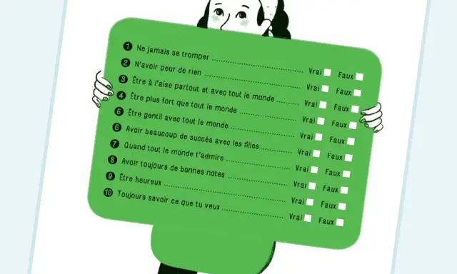 Un personnage tient une liste de questions pour un test sur le manque de confiance en soi. Les questions portent sur l'assurance et le bonheur.