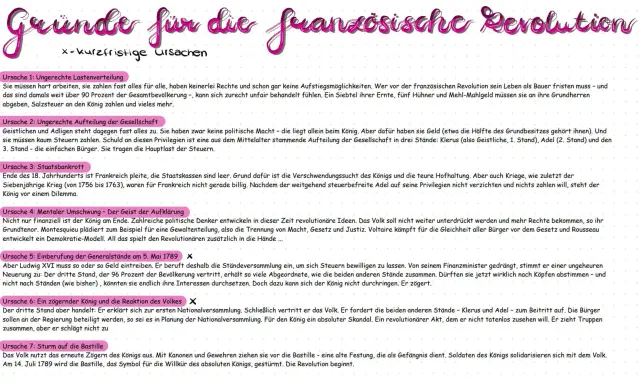 Gründe für die französische Revolution: Ungerechte Lasten, Gesellschaftsaufteilung, Staatsbankrott, Aufklärung, Einberufung der Generalstände, zögernder König, Sturm auf die Bastille.