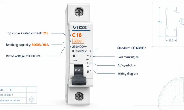 Wyłącznik nadprądowy VIOX C16 z oznaczeniami: prąd znamionowy C16, napięcie 230/400V, zdolność zwarciowa 6kA, zgodny z IEC 60898-1.