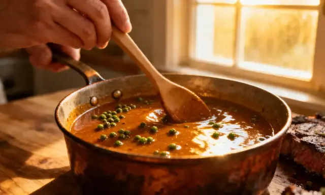 Une main remue une sauce au poivre verte dans une poêle en cuivre, à côté d'un steak grillé.