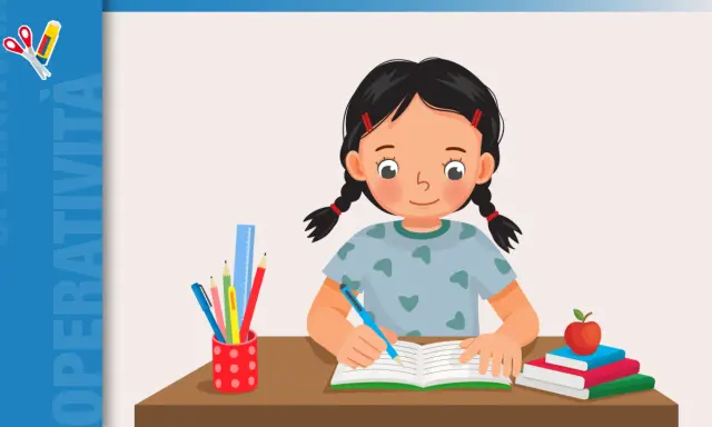 Bambina scrive appunti per riassunti scuola primaria classe quinta. Sul tavolo, libri, matite e righello.