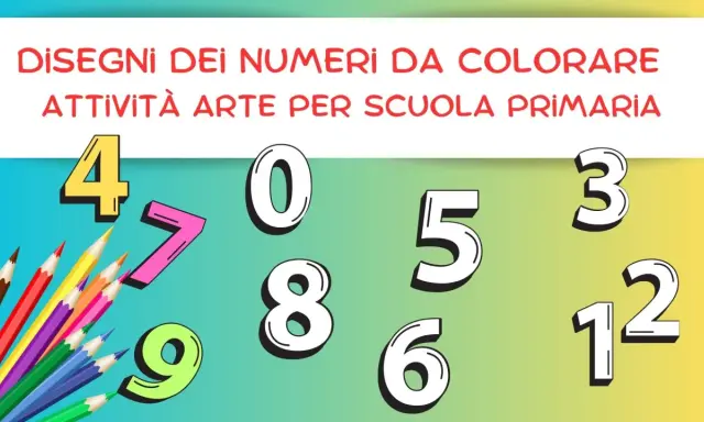 Attività per trasformare i numeri in disegni da colorare: matite colorate e numeri 0-9, 3, 12 su sfondo sfumato.