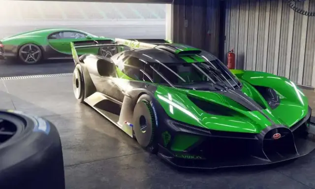 Grüner Bugatti Bolide im Rennstall. Sein geringes Bugatti Bolide Gewicht macht ihn zum ultimativen Track-Tool.
