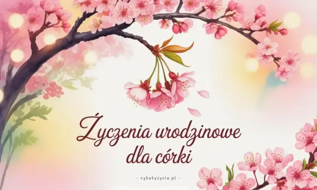 Kwiaty wiśni i ciepłe światła tworzą tło dla życzeń urodzinowych. Inspirujące cytaty na urodziny Paulo Coelho mogą dodać magii tej wyjątkowej chwili.