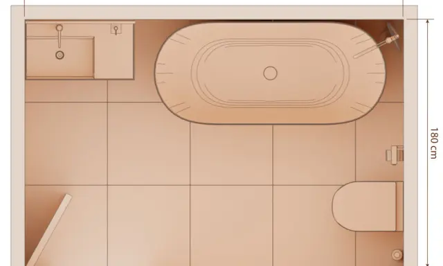 Plano de baño con lavabo, bañera y WC. Las medidas generales son 275 cm x 180 cm, mostrando las medidas bañera estandar.