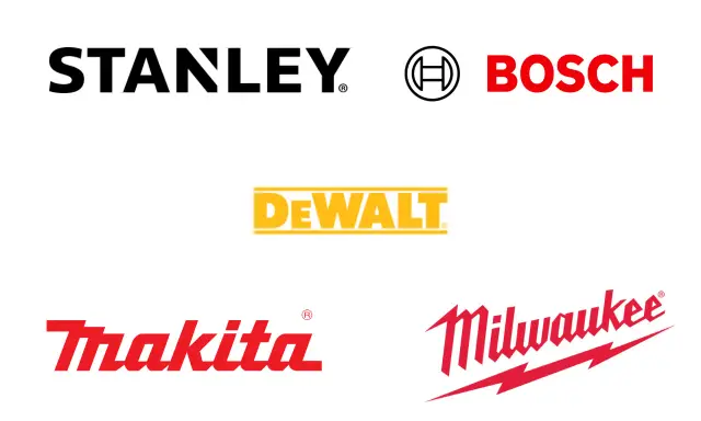 Logos de marcas de herramientas profesionales: Stanley, Bosch, DeWalt, Makita y Milwaukee.