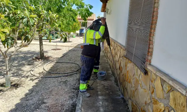Trabajador con equipo de protección realiza trabajos de inyección de cemento en la base de una pared exterior, rodeado de vegetación.