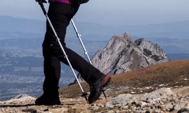 Wybierając jakie końcówki do kijków w góry, pamiętaj o stabilności. Widok na górzysty krajobraz z turystą używającym kijków trekkingowych.