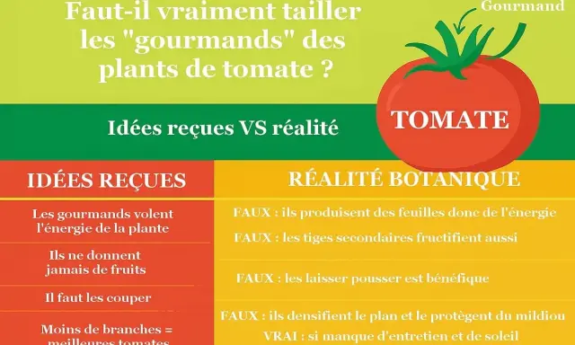 Infographie sur la taille des gourmands de plants de tomate. Elle compare idées reçues et réalité botanique, avec une tomate rouge et une flèche indiquant un gourmand.
