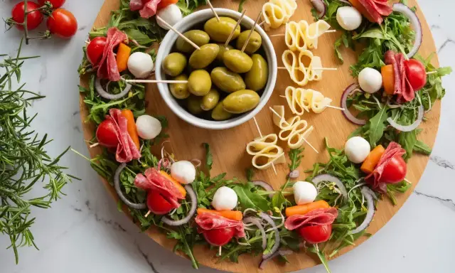Okrągła deska z 4 wypróbowanymi sałatkami na patyczkach: pomidorki, salami, kulki mozzarelli, marchewka, rukola i oliwki.