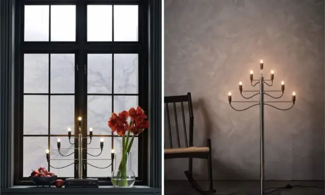 Två adventsljusstake inspirationer: en i fönster med amaryllis och äpplen, en annan som golvlampa bredvid en gungstol.