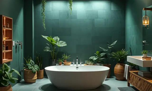Bagno lussuoso con vasca bianca, tante piante verdi e pareti color smeraldo. Un'oasi di relax con idee bagno verde.
