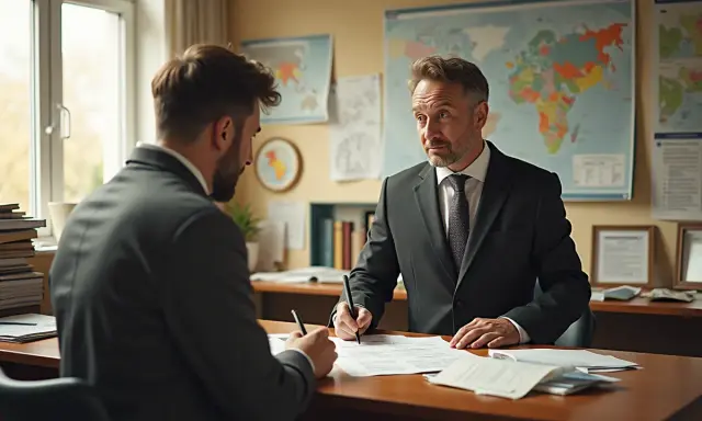 Dwóch mężczyzn w garniturach przy biurku, jeden podpisuje dokumenty. Rozmowa o tym, jak sprawdzić, kto jest właścicielem działki.