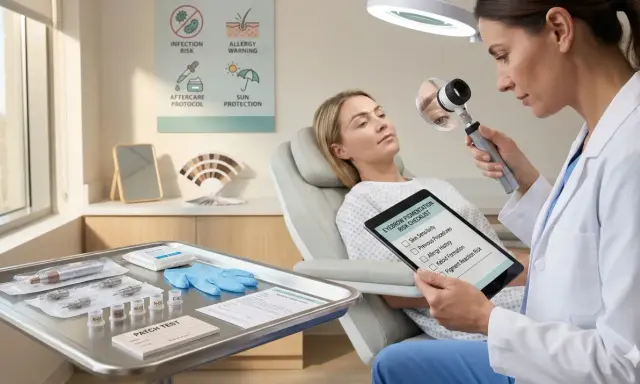Consultation dermatologique pour microblading. La docteure examine les sourcils d'une patiente, tablette à l'appui, pour évaluer les risques.