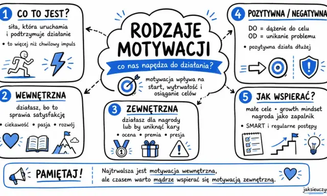 Rodzaje motywacji: wewnętrzna (pasja, rozwój) i zewnętrzna (nagroda, presja). Wewnętrzna jest trwalsza, ale zewnętrzna też wspiera.
