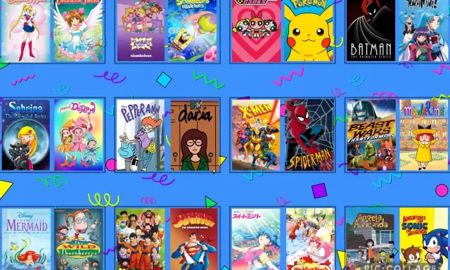 Un collage de dibujos animados de los 90: Sailor Moon, Pokémon, X-Men, Spider-Man, Dragon Ball Z, Sonic y más.