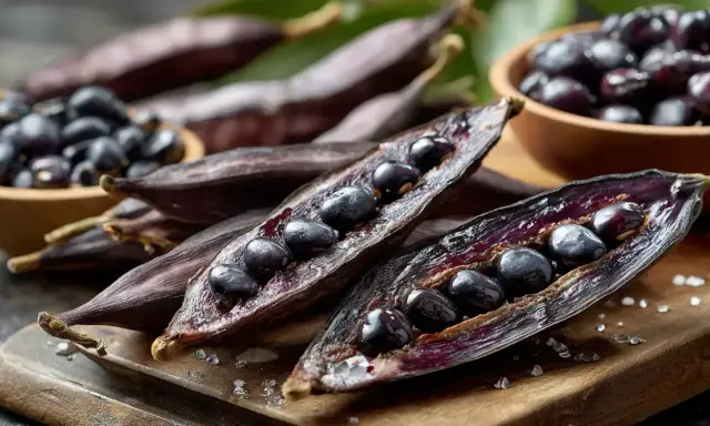 Gousses de mucuna pruriens ouvertes, révélant des graines noires brillantes. Des graines sont aussi dans un bol en bois.