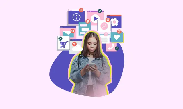 Jeune femme absorbée par son téléphone, entourée d'icônes de notifications. Un visuel symbolisant le besoin d'une pause réseaux sociaux.