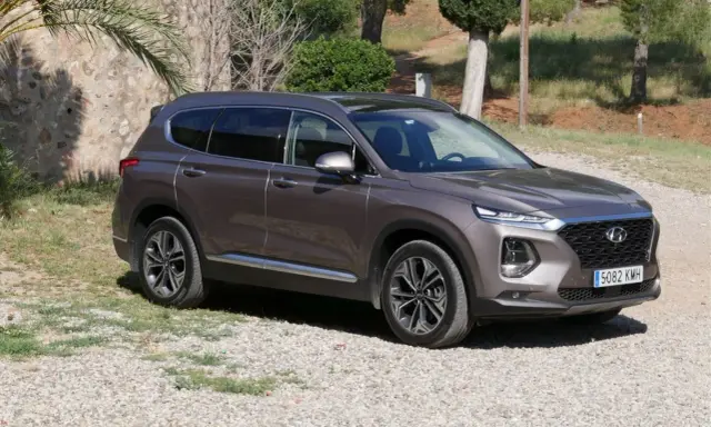Brązowy Hyundai Santa Fe 2025 na tle kamiennego muru i zieleni.
