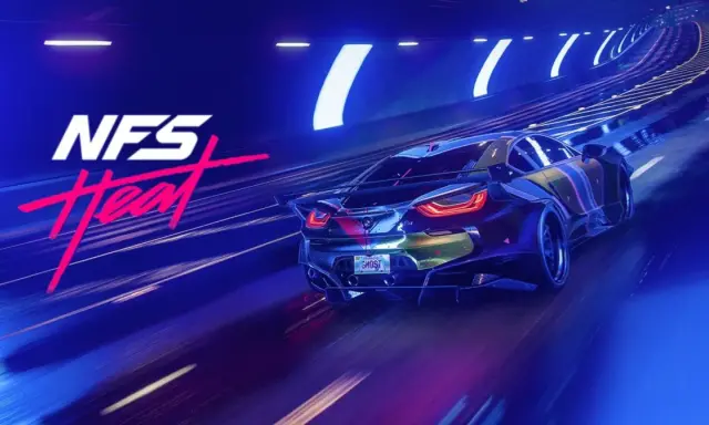 NFS Heat, część serii Need for Speed, z neonowym tunelem i sportowym autem.