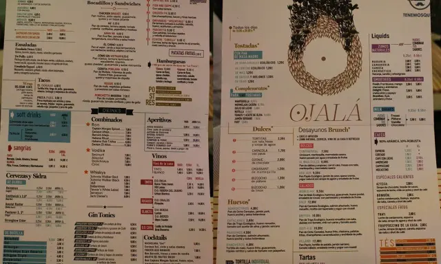 Menú con creativas cartas de restaurantes originales. Destacan secciones de bocadillos, hamburguesas, ensaladas, tacos, bebidas, postres y desayunos.