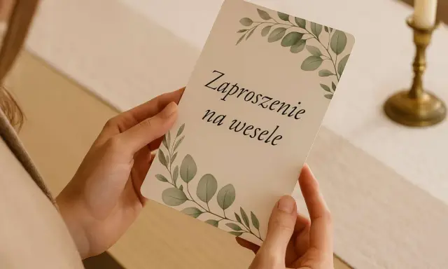 Dłonie trzymają eleganckie zaproszenie na ślub ozdobione gałązkami.