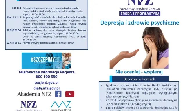 Obraz przedstawia kobietę ukrywającą twarz w dłoniach, symbolizującą chorobę psychiczną, z wyciągniętą dłonią oferującą wsparcie.