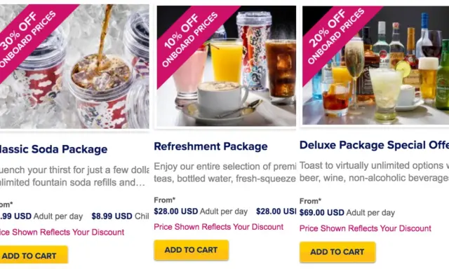 Offerte pacchetti bevande Royal Caribbean: Classic Soda, Refreshment e Deluxe con sconti.