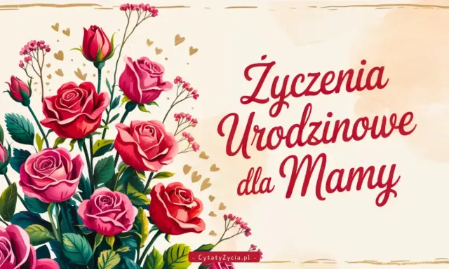 Bukiet czerwonych i różowych róż, złote serduszka i napis "Życzenia Urodzinowe dla Mamy". Piękna dedykacja dla mamy.