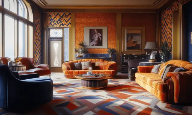 Luxuriöses Wohnzimmer mit orangefarbenen Samtsofas, einem geometrischen Teppich und auffälligem Art-décor.
